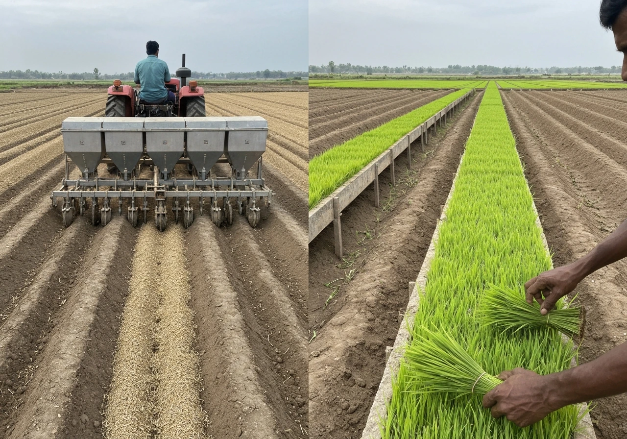 Kharif field split view showing furrows from direct sowing and paddy seedling transplanting beds.