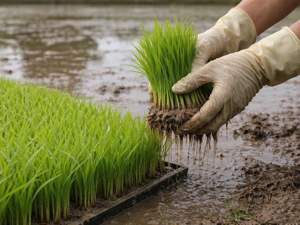 Close-up of green rice seedlings in nursery trays beside a flooded paddy plot during transplanting.