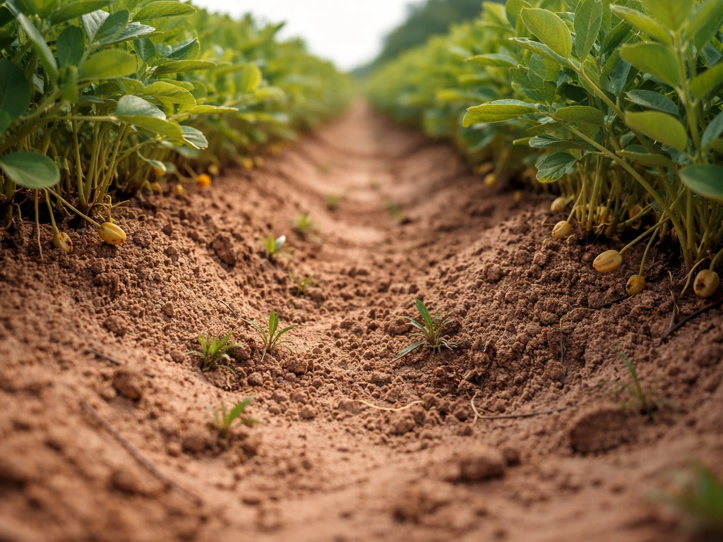Groundnut plants in a sandy loam field with soil pegs and early pod formation signs near the rows.