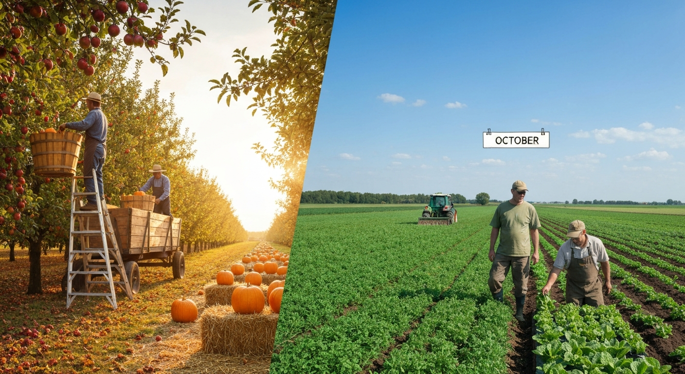 Split panoramic photo-style image showing Northern Hemisphere October harvest (apples, pumpkins, corn) on the left and Southern Hemisphere October spring planting (tractor sowing maize/soybeans) on the right.
