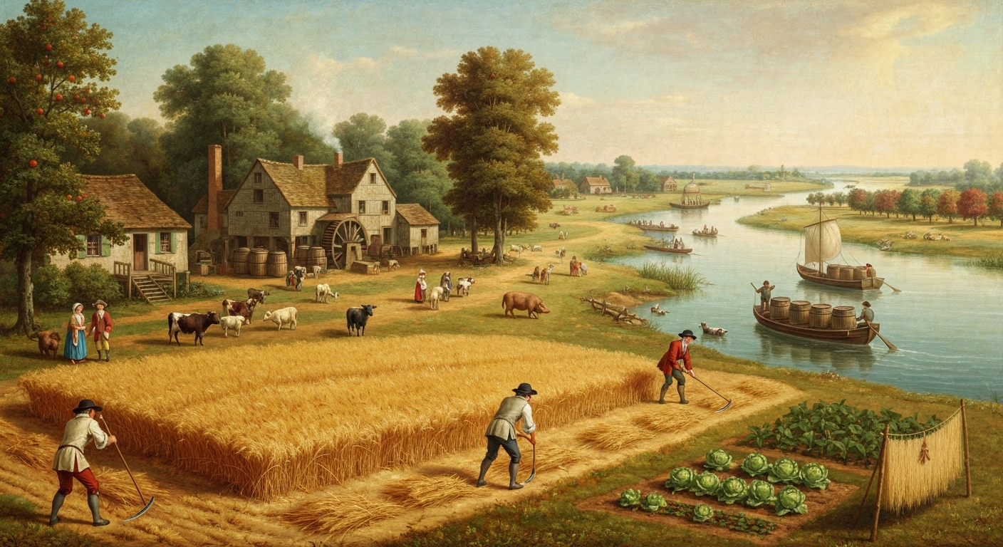 Painterly historic scene: an 18th-century Delaware farm with wheat harvest, kitchen garden and flax, livestock, a water-powered mill complex, and a small schooner loading barrels on the river.