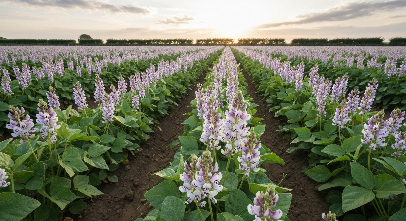 Wide naturalistic photo of a field of flowering field/broad beans (Vicia faba) showing rows of plants, white/pale purple flowers, and green pods in golden light.