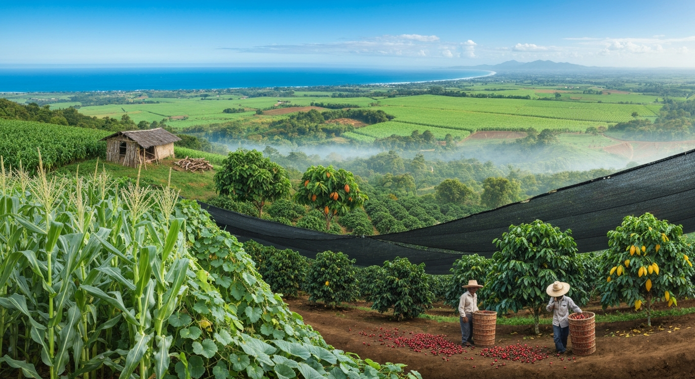 Panoramic view of Salvadoran farmland: milpa in foreground, shaded coffee farms on volcanic slopes, and sugarcane fields with Pacific coast in the distance.
