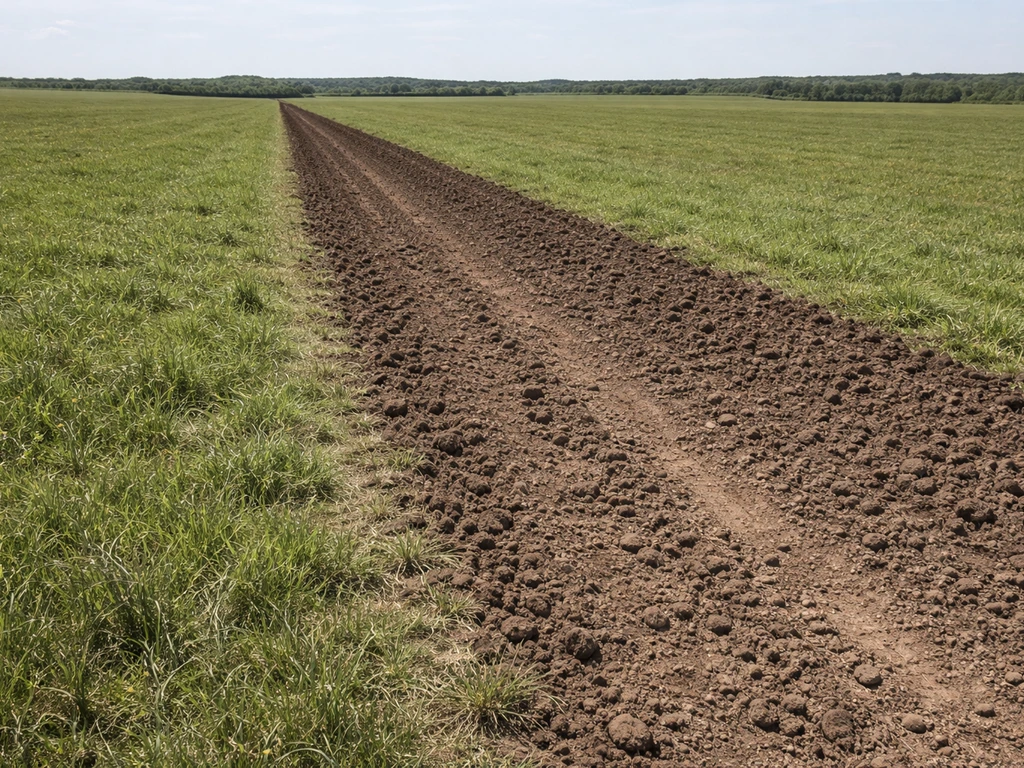 Pasture field with a partially tilled strip showing conversion from sod to crop-ready soil.