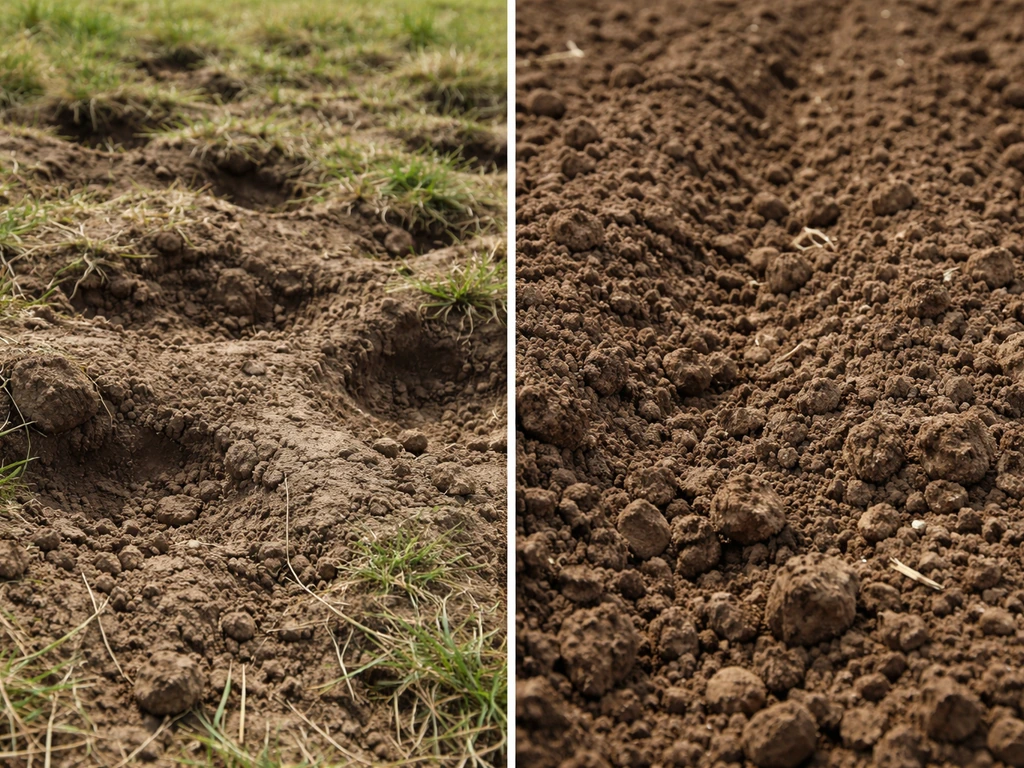 Close-up comparison of compacted hoof-worn pasture soil versus looser tilled cropland soil.