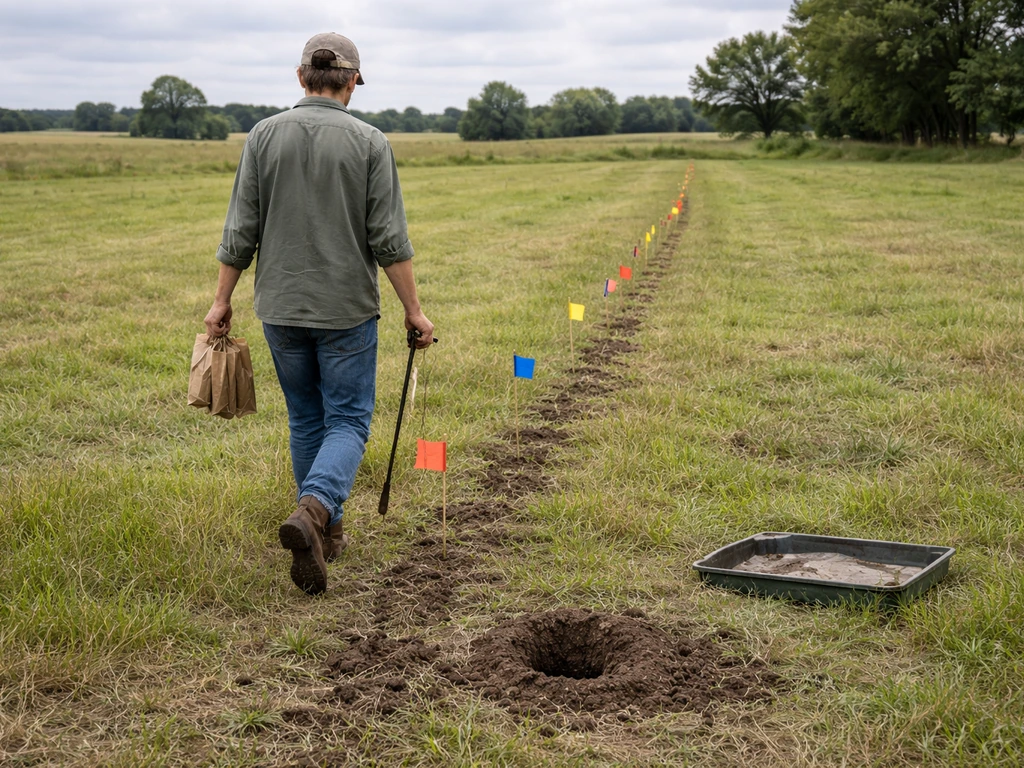 Farmer walking pasture rows with soil cores and small stakes/flags to map wet areas