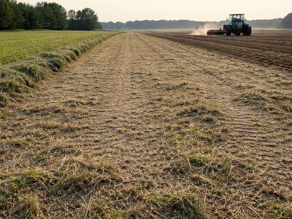 Flattened sod and residue in a farm field, with recently cut grass and a mower staged for tillage