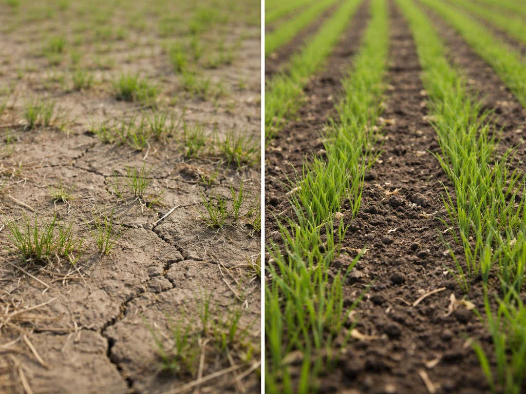 Split image of pasture ground: left patchy growth from skipping soil test, right uniform seedlings after soil-test corre