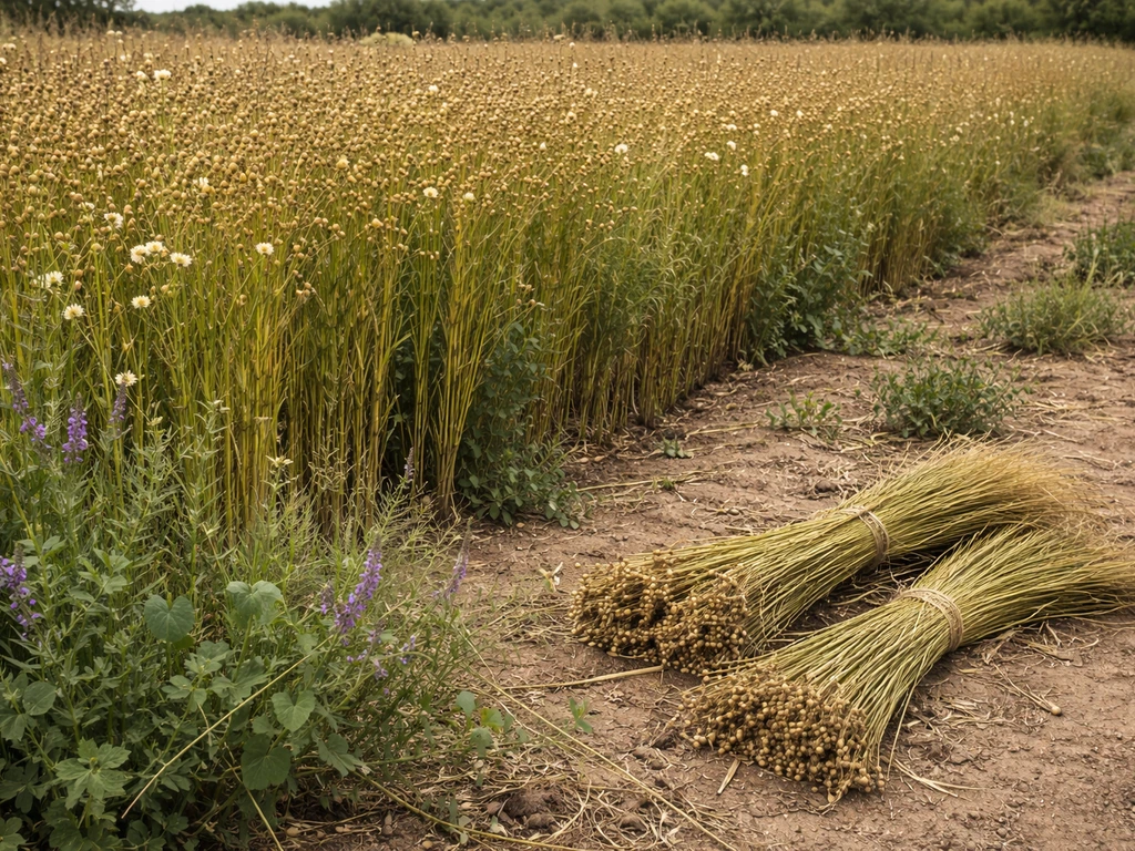 Close view of flax plants with seed pods in a rural field, with forage grasses along the edge