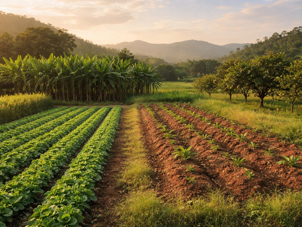 Golden-hour view of diverse Puerto Rico farmland with vegetables, tubers, plantains, and fruit trees.