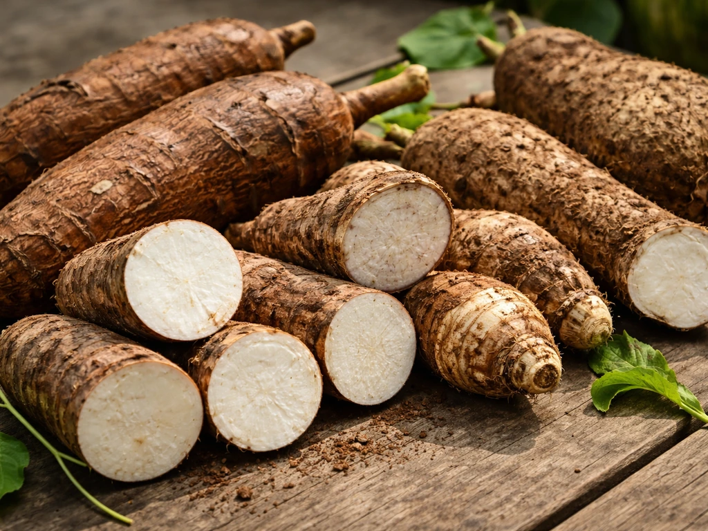 Close-up of freshly harvested cassava, taro, and yam tubers on a rustic wooden table.