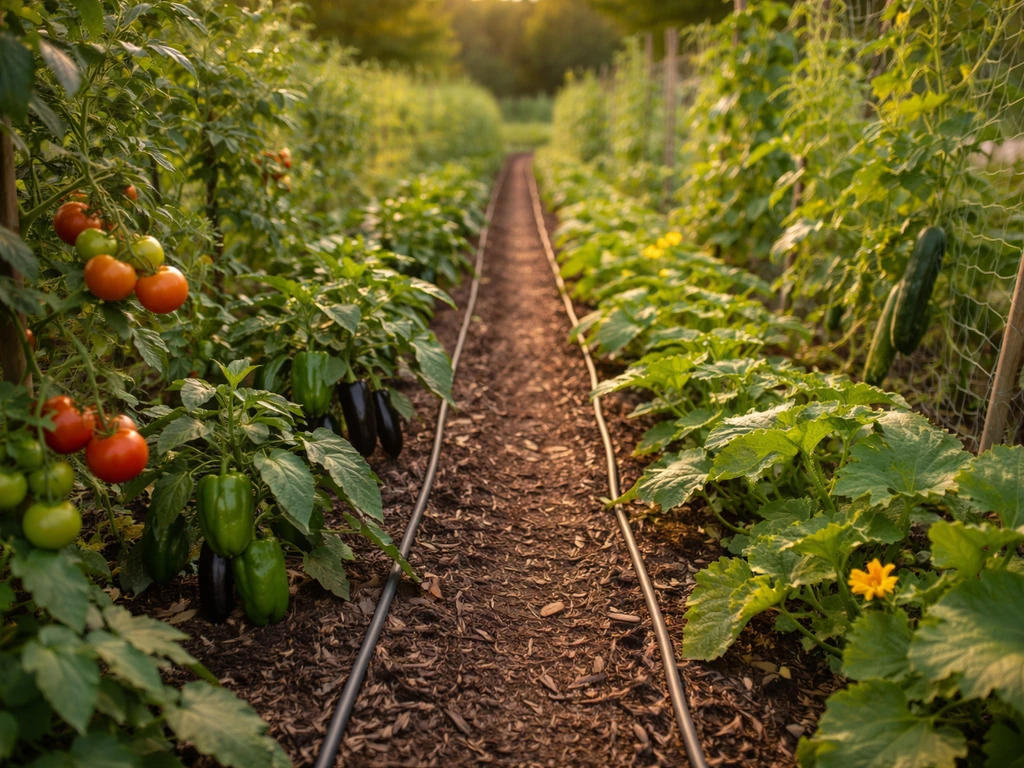 Harvest-ready vegetable rows with interplanted tomatoes, sweet peppers, eggplant, and cucumbers in a research field