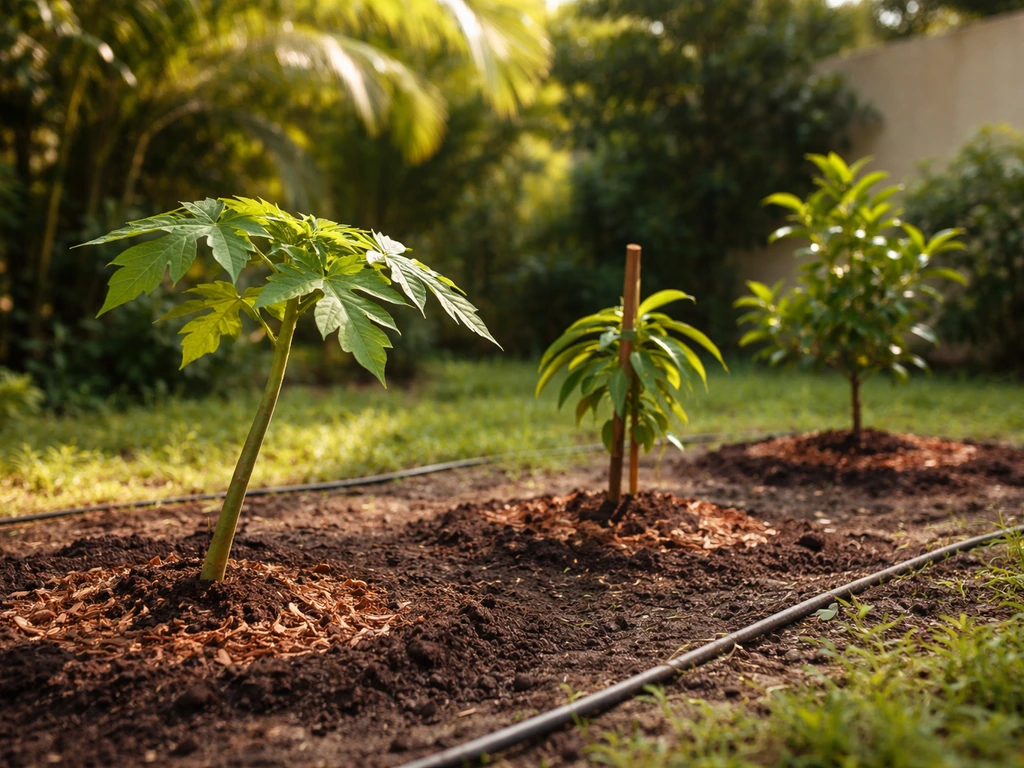 Young papaya and mango seedlings beside citrus in a lush Caribbean garden after planting.