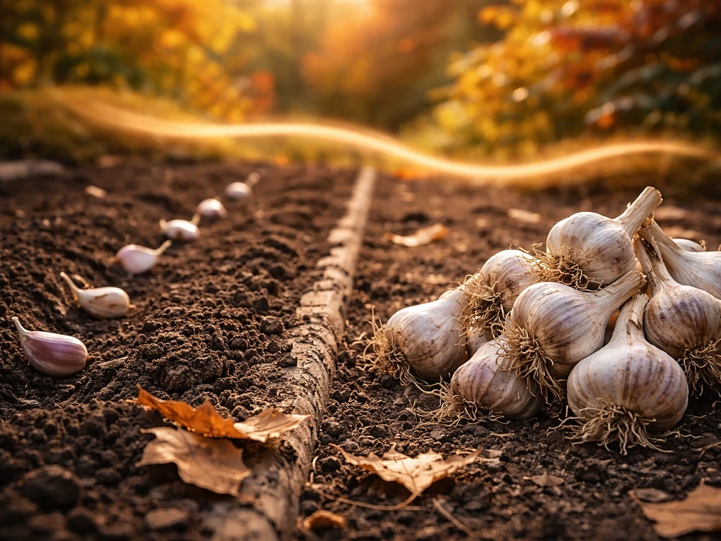 Garlic bulbs beside a fall planting bed, with a subtle planting-to-harvest time ribbon in the background
