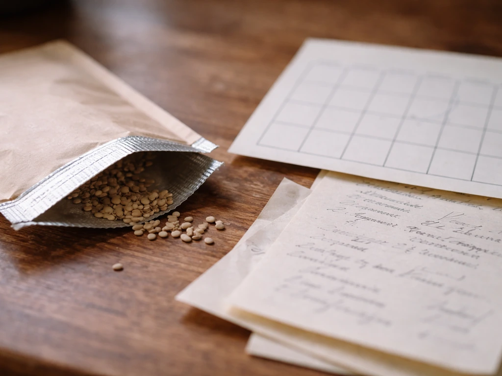 Close-up of a seed packet and blank calendar sheet suggesting days-to-maturity timing in months.