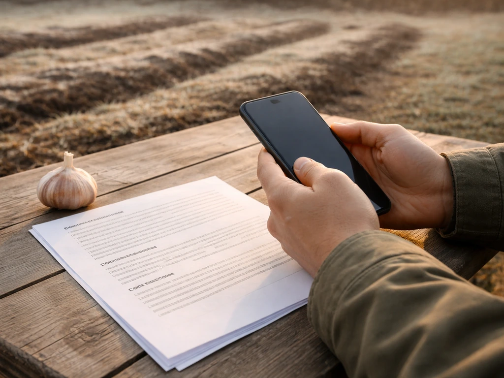 Hands holding a phone over gardening documents and garlic on a table with faint frost in the background.