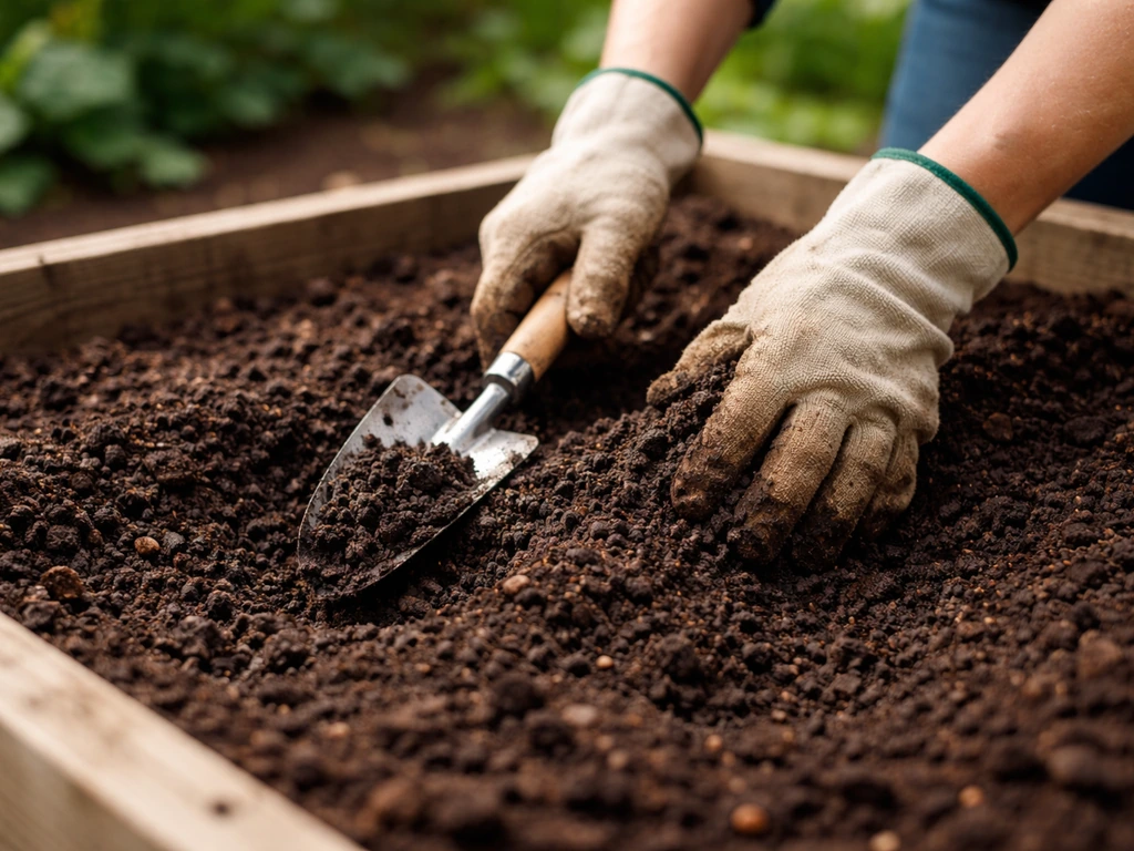 Hand working compost into a raised garden bed of loose soil for fall garlic planting