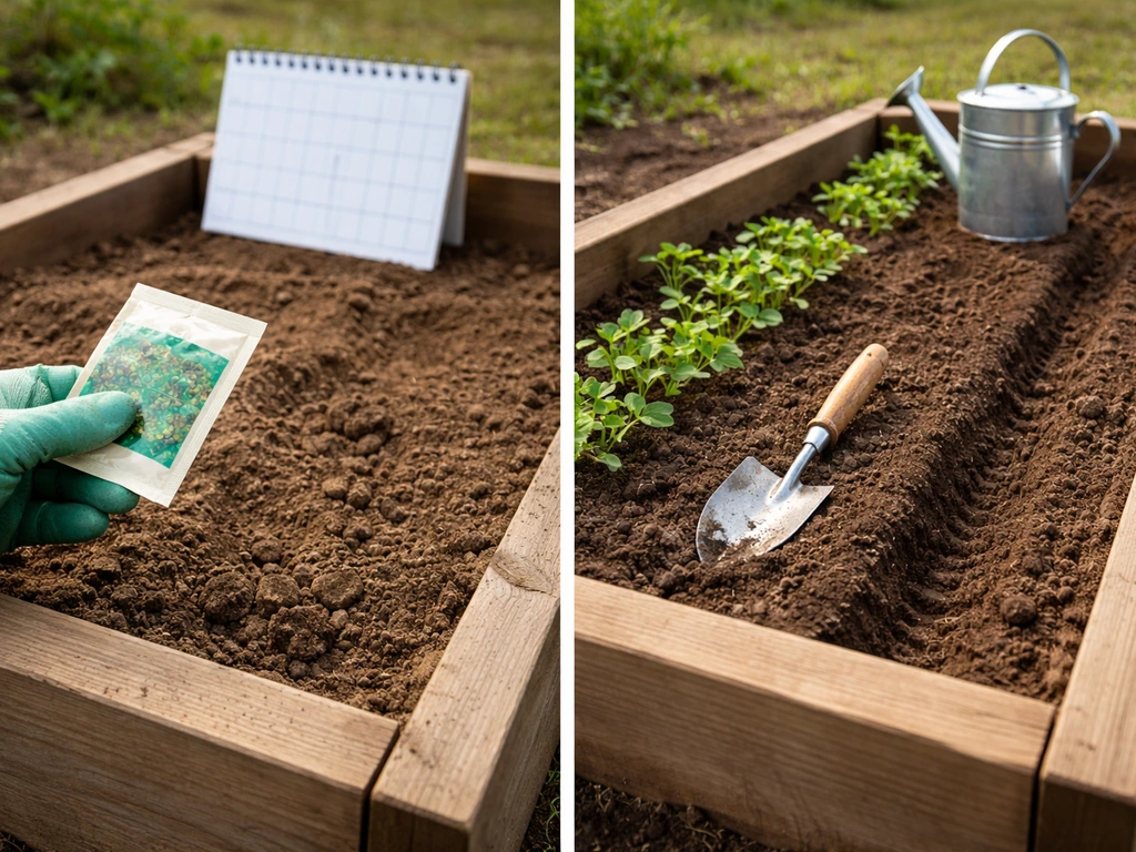 Side-by-side raised beds showing late planting with calendar nearby versus earlier seedlings in window.
