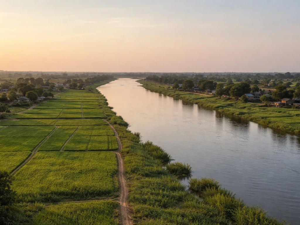 Panoramic fertile river valley with cultivated fields and a settlement along the riverbank