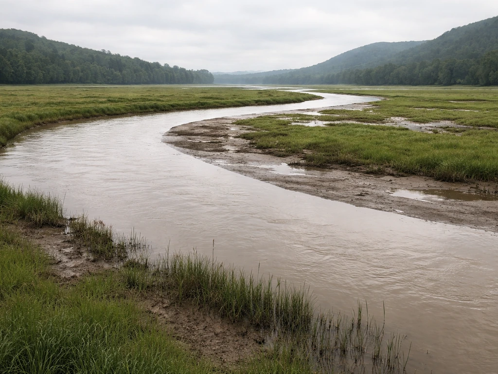 A winding river spreads onto a flat floodplain, showing fertile valley terrain where settlements formed.