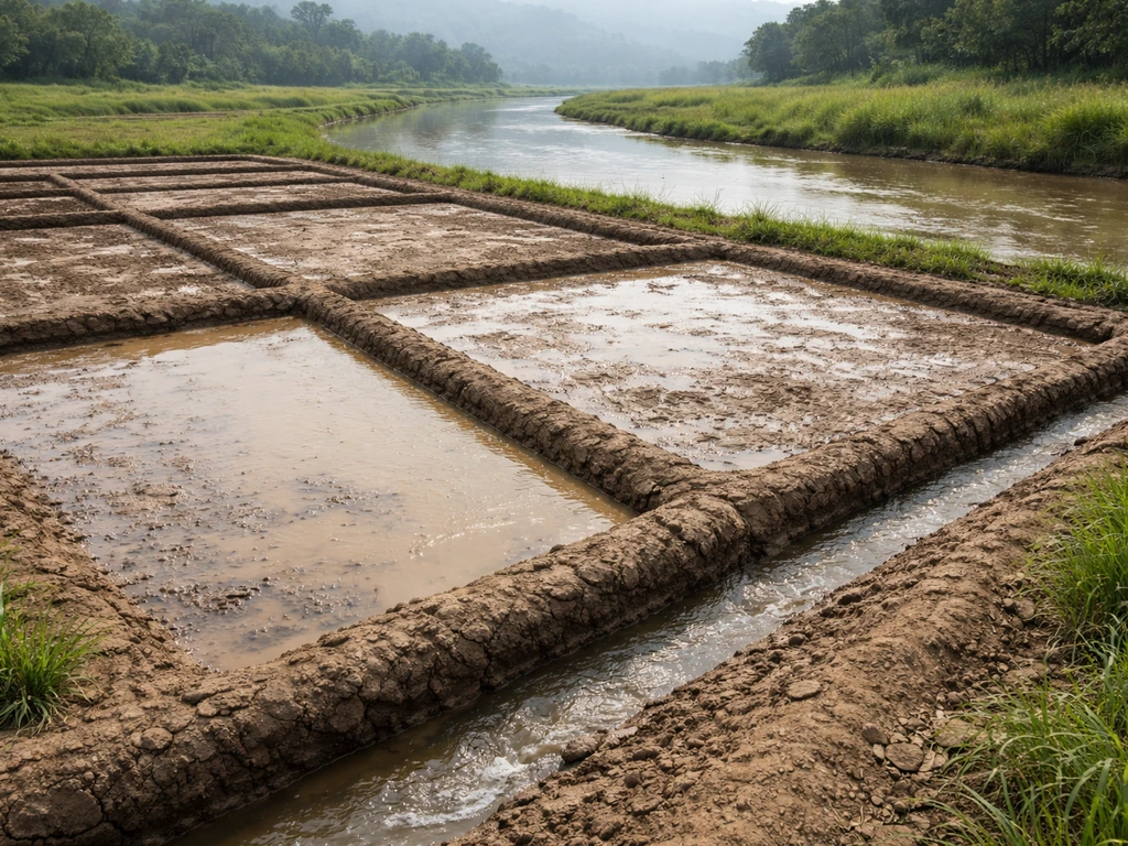 Sunlit basin-irrigation field with small controlled ditches and muddy floodwater in a river valley