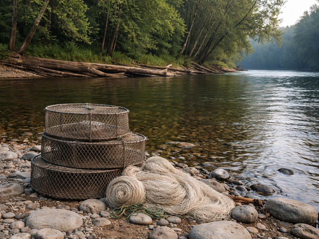 Riverbank with fishing nets and traps near the water and a wooded strip of timber along the shore.