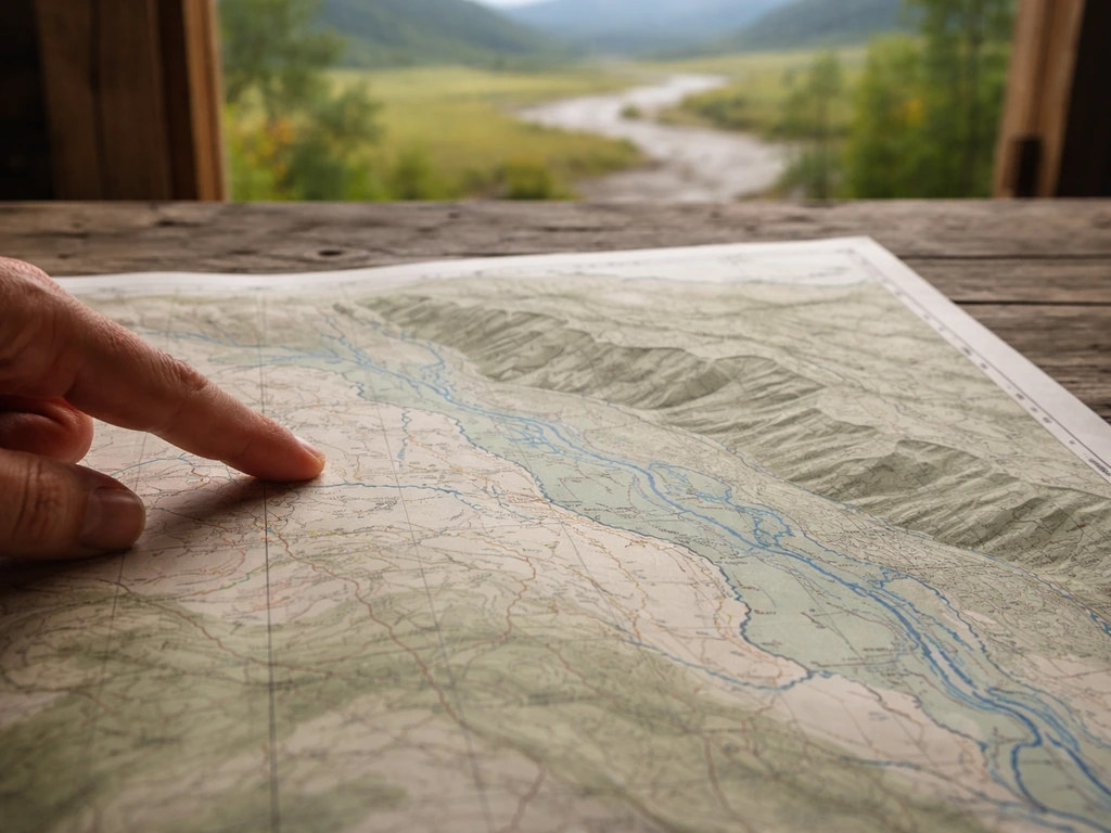 Printed topographic map with contour cues beside a blurred valley and floodplain edge outside.