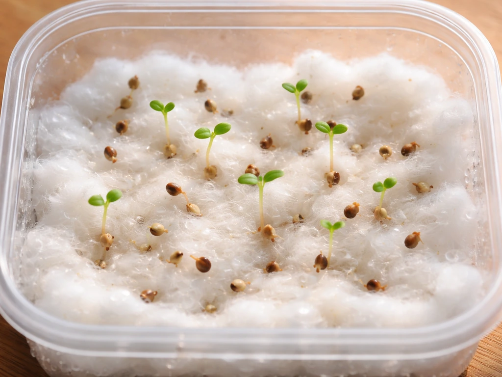 Overhead view of cotton wool in a clear container with multiple young seedlings sprouting
