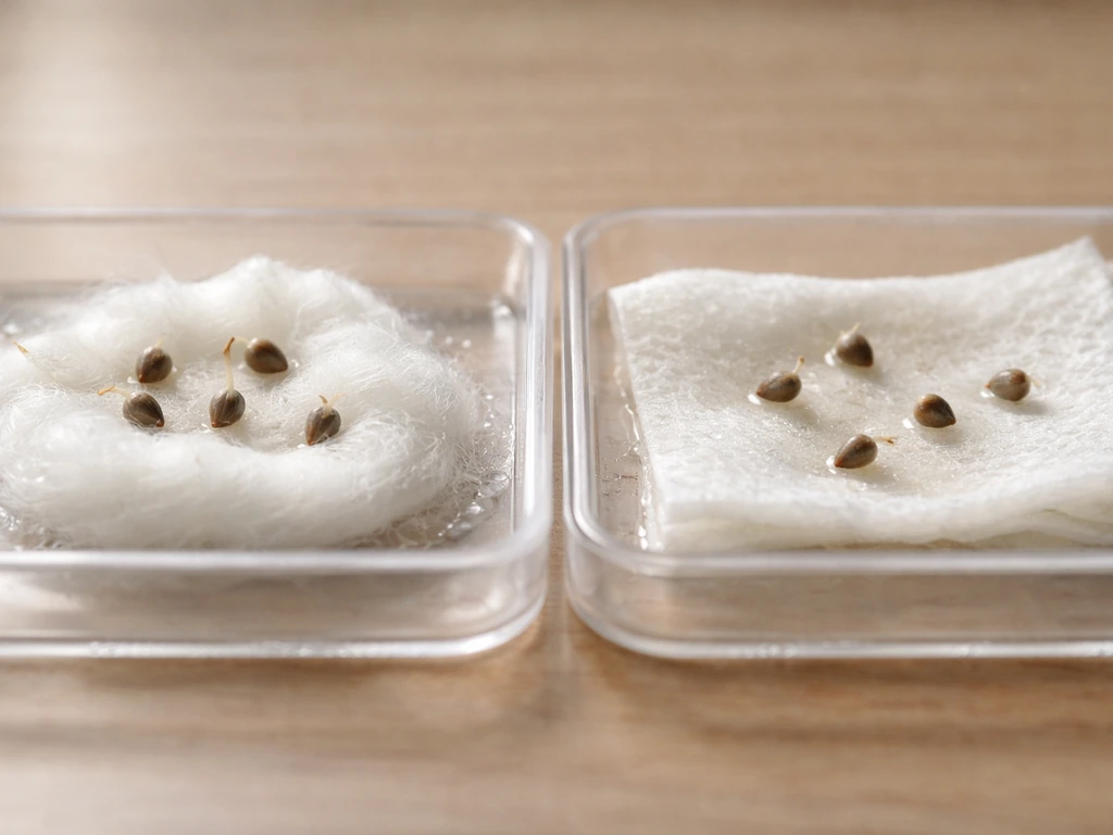 Close-up of seeds on damp cotton wool vs damp paper towel in two simple trays for observation.