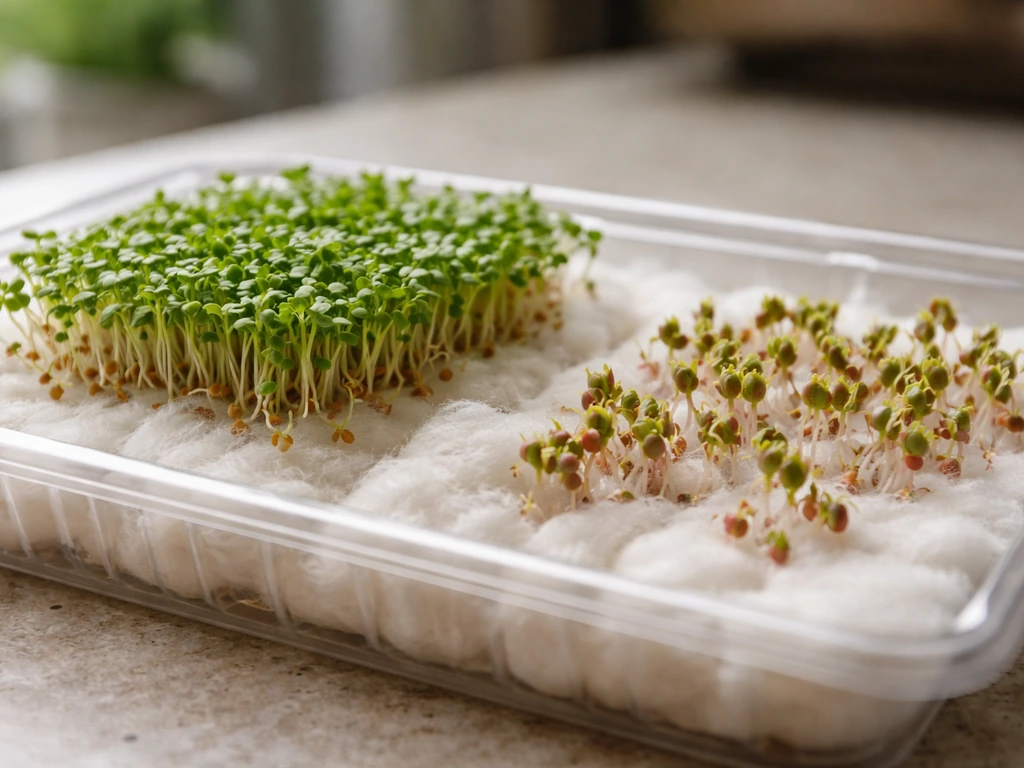 Close-up time-lapse style photo of cress and radish sprouts emerging on cotton wool in a tray.