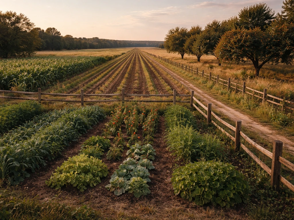 Wide pioneer farm landscape with crop rows, a small kitchen garden, and an orchard edge at golden hour.