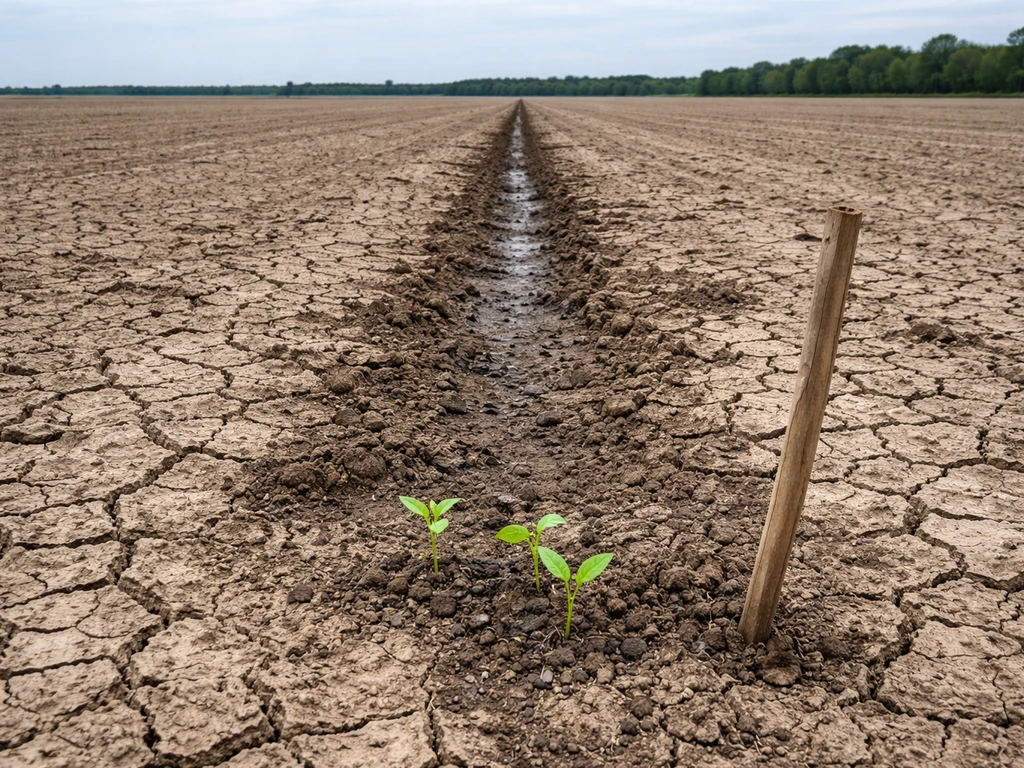 Dry cracked field with sparse seedlings and a small moist strip suggesting short, drought-limited growing conditions.