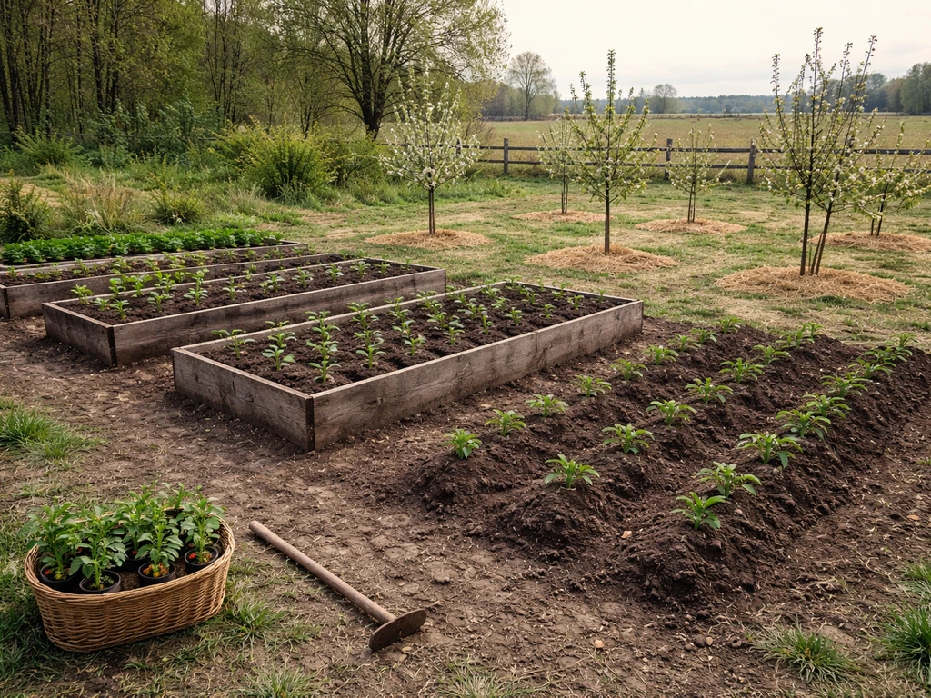 Pioneer-style kitchen garden beds with young vegetables, a potato patch, and young fruit trees.