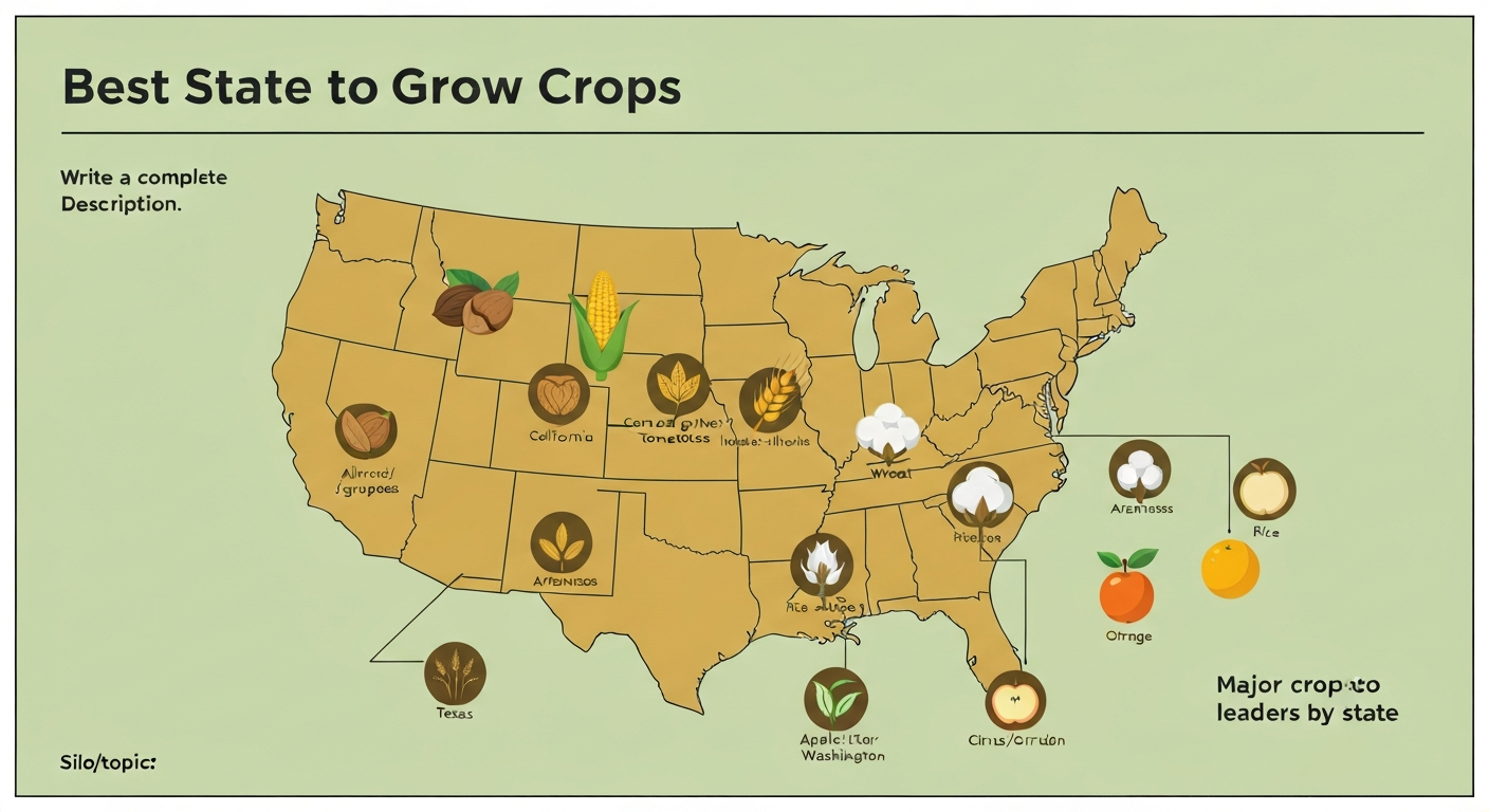 Illustrated U.S. map infographic showing major crop regions: California (fruits and nuts), Corn Belt (corn and soybeans), Kansas (wheat), Arkansas (rice), Texas (cotton), Washington (apples), Florida (citrus), with crop icons and a small legend.
