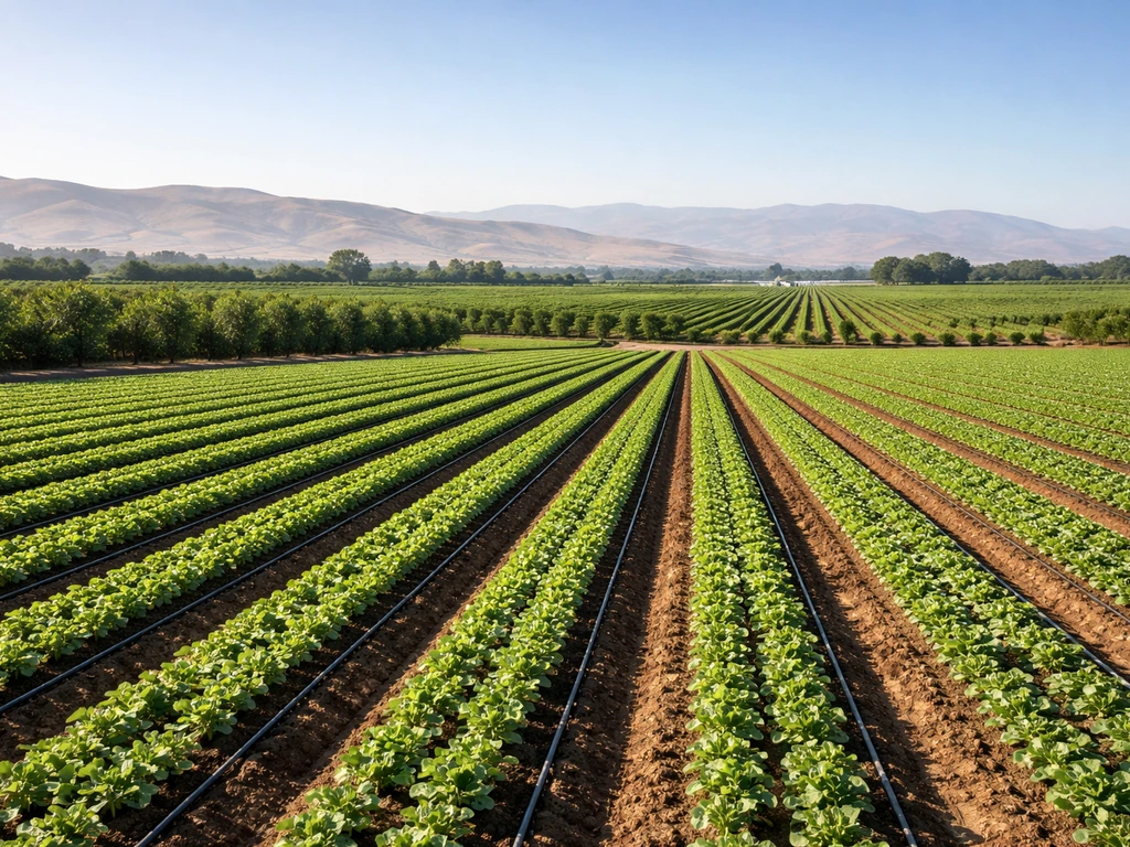 Panoramic view of California farms with contrasting irrigated crop rows and orchard trees