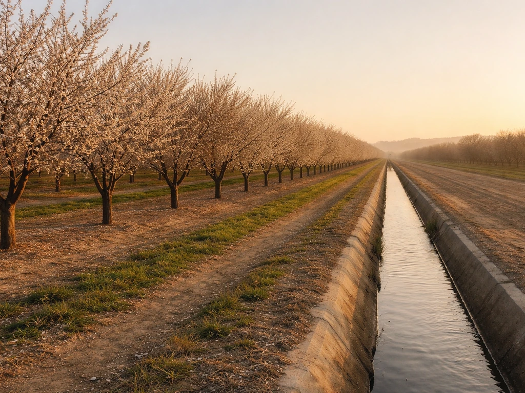 Golden-hour view of almond tree rows and irrigation channel across a Central Valley orchard