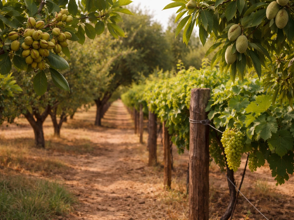 Close-up of a California orchard with fruit/nut tree rows and grape vines on simple trellises.