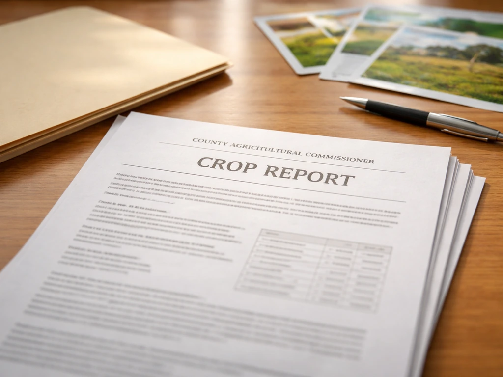 Close-up of a county agricultural crop report page on a desk with farm brochures in the background