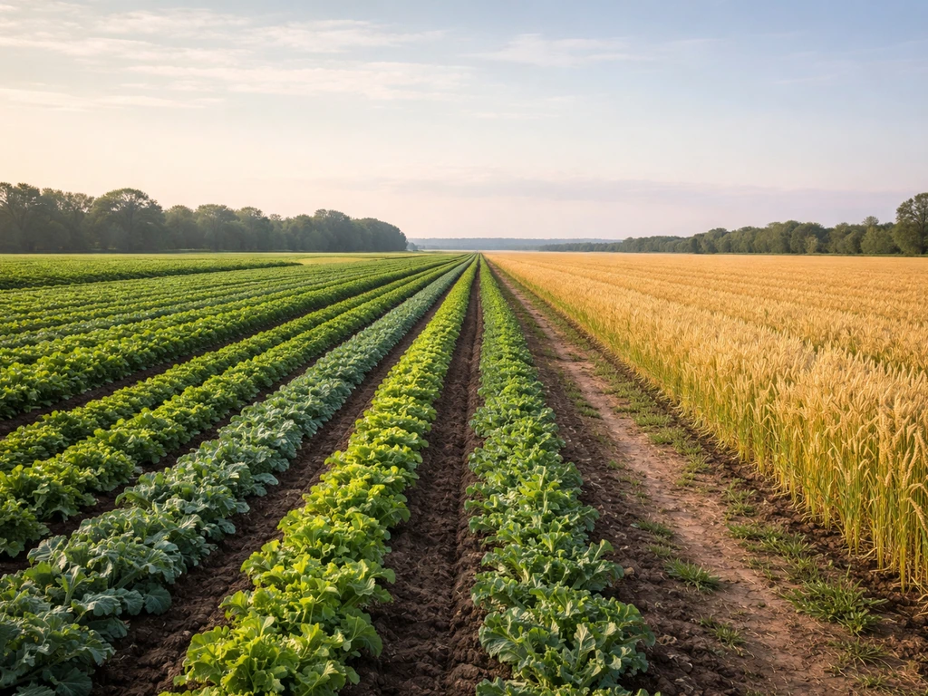 Panoramic view of mixed crop rows in a rural field, showing different seasons suited to local climate.