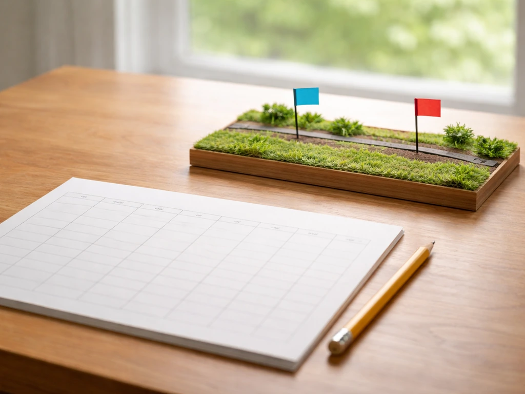 Close-up of planting calendar notes on a desk with a small landscape model showing seasonal frost timing.