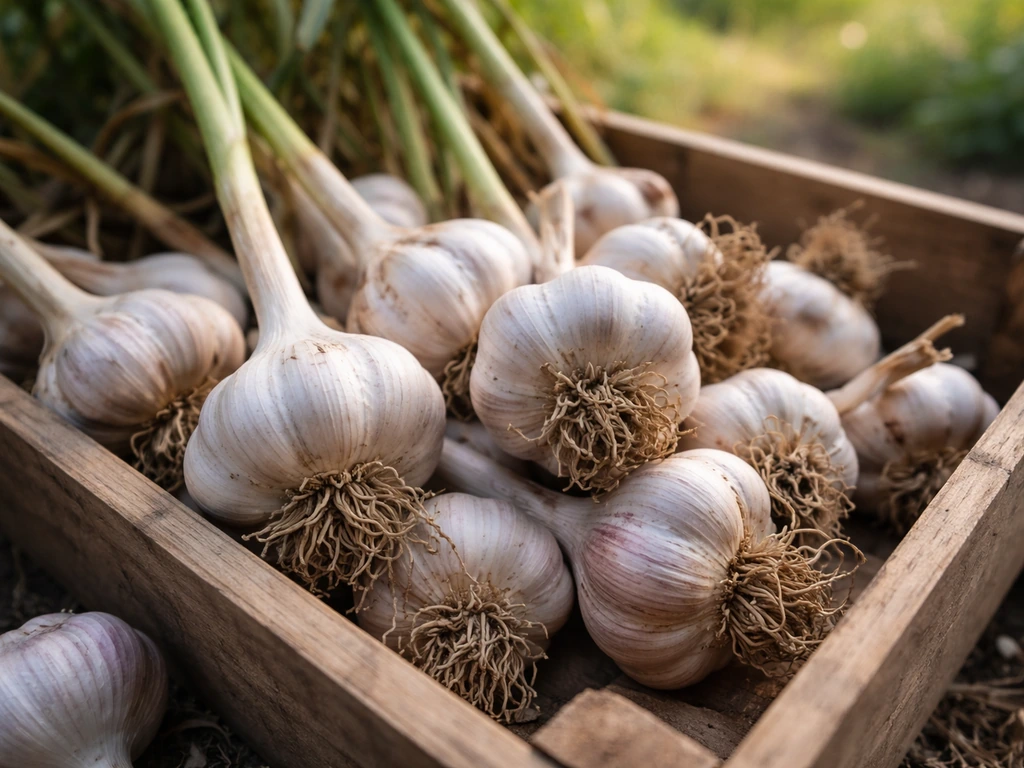 Close-up of freshly harvested garlic bulbs in a wooden crate, ready for packing and sale.