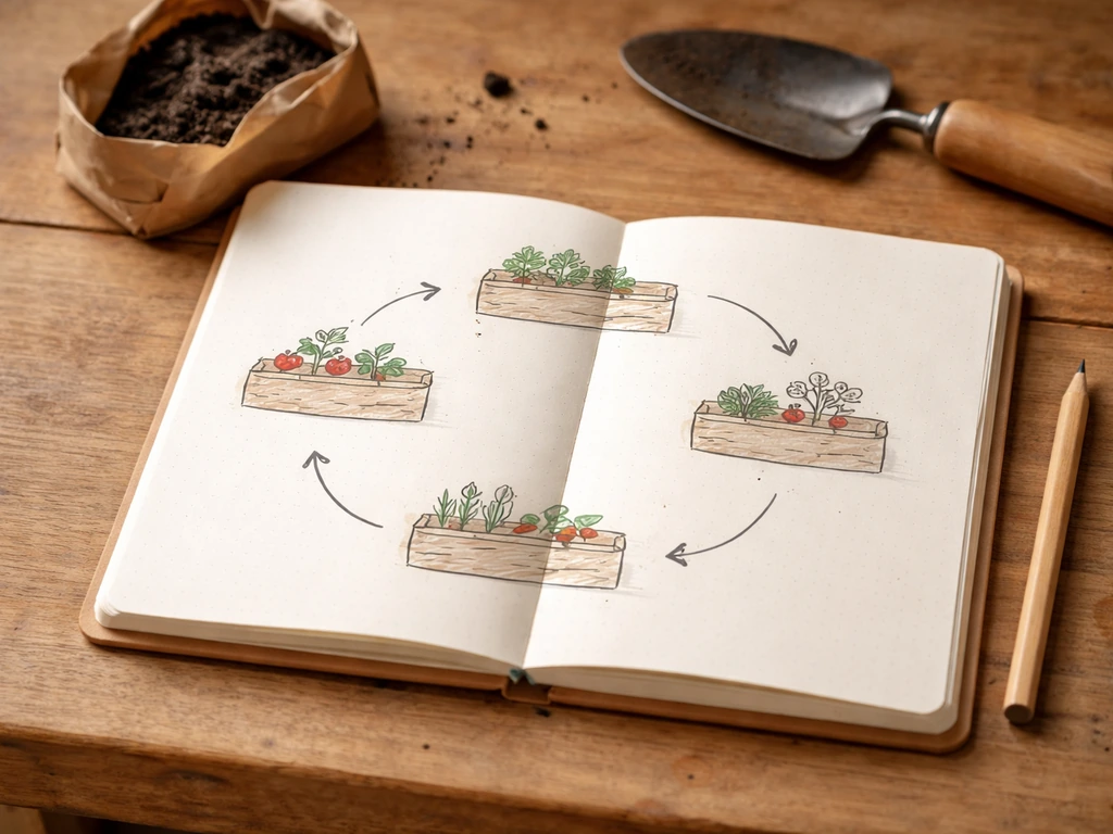 Top-down view of a simple notebook sketch of a 4-bed crop rotation cycle beside compost and a trowel.