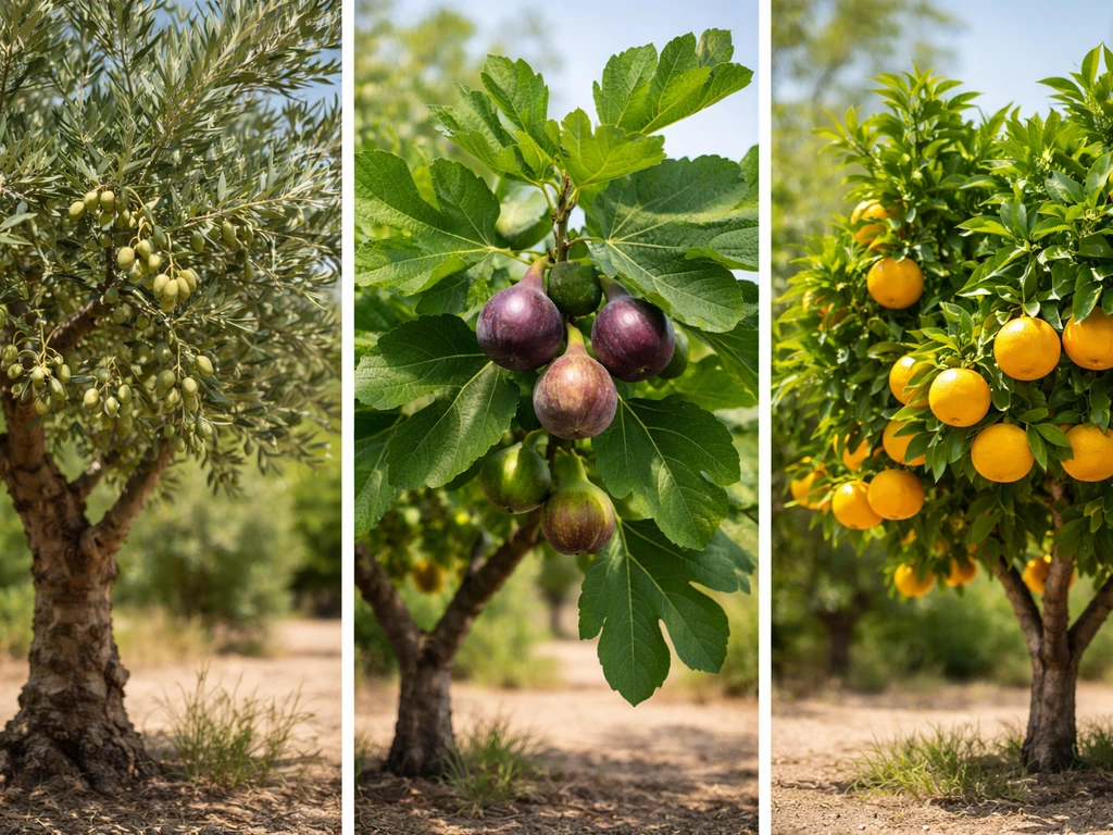 Side-by-side photo of olive, fig, and citrus trees with visible fruit and distinctive leaves.