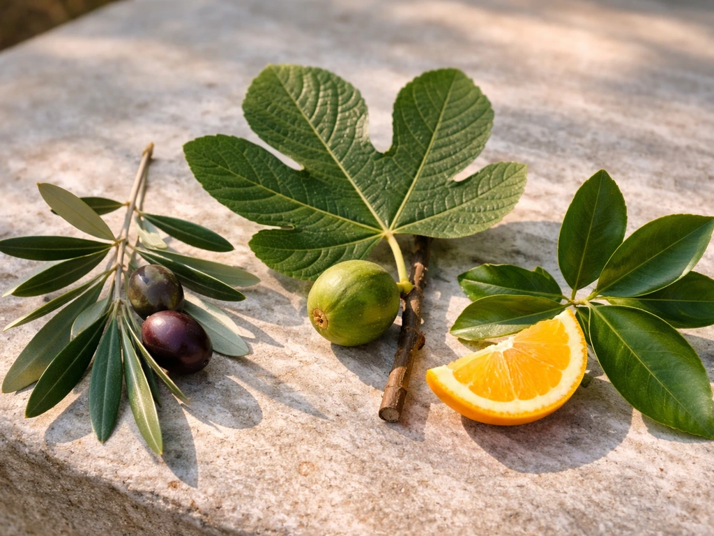 Close-up trio of olive leaves and olives, fig leaves and fruit, and citrus leaves and a segmented fruit.