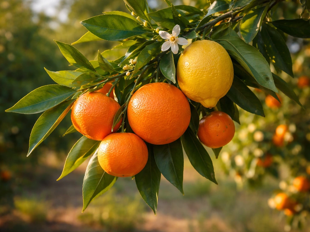 Close-up of a citrus tree branch with oranges, mandarins, and lemons and glossy green leaves.