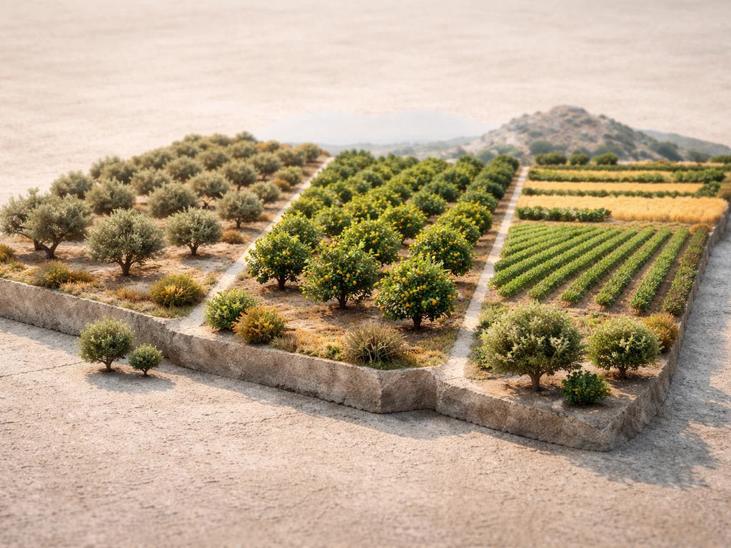 Minimal landscape blocks showing Andalusian olive groves and Mediterranean citrus areas across Spain