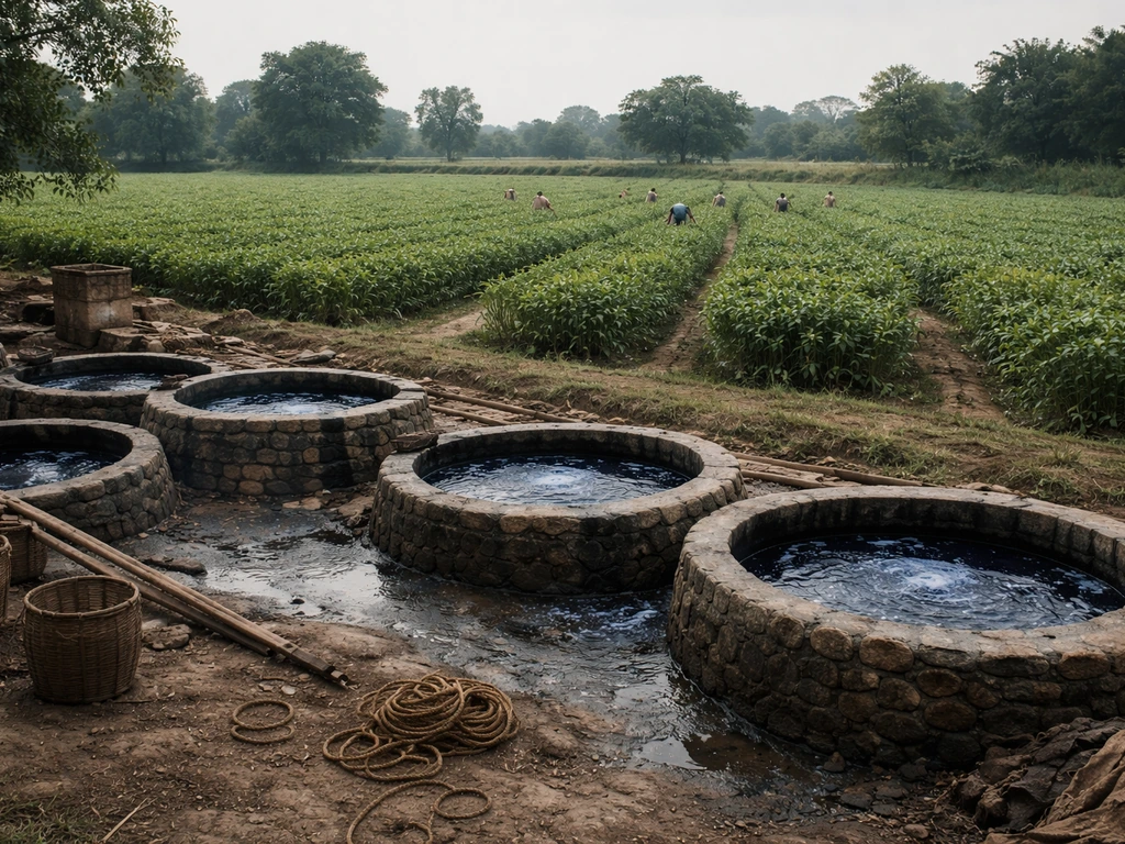 Indigo fields beside blue dye vats in colonial India, showing harsh controlled processing.
