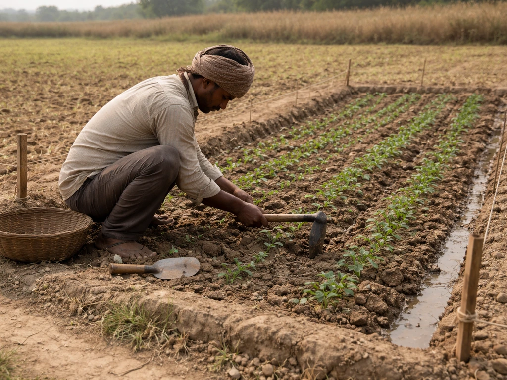 Tenant farmer working a small field with simple tools, boundary markers, and colonial-era revenue context cues