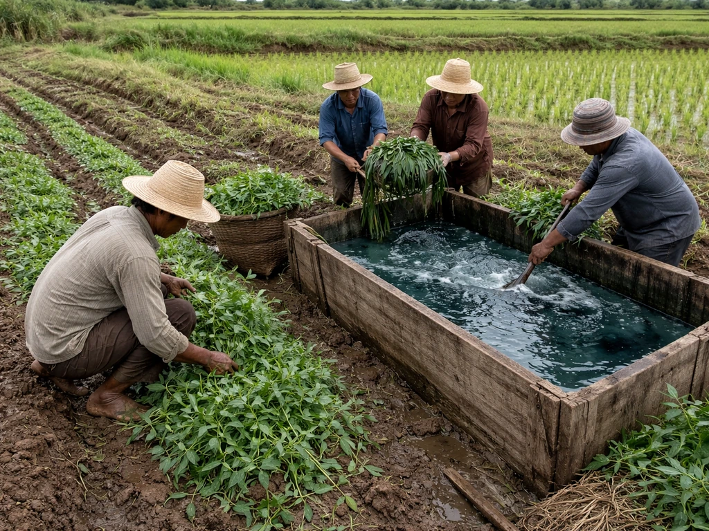 Workers tending indigo plants beside a simple fermentation vat setup in a rural field