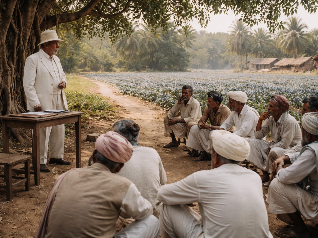 Village meeting under banyan tree with colonial-era official presence near indigo cultivation fields